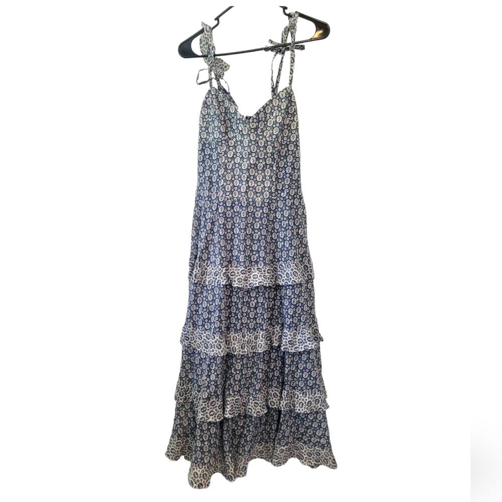 Rebecca Taylor La Vie Petula Ruffle Tiered Midi Dress Size Small Metallic
